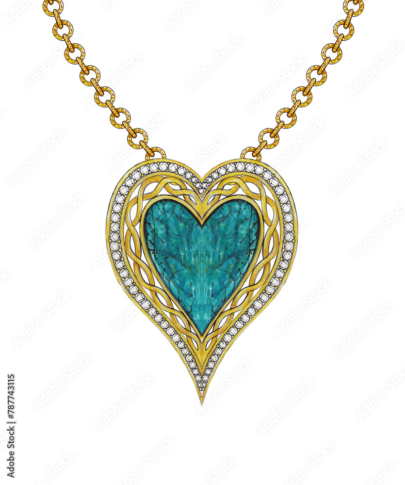 Jewelry design celtic heart set with diamond and turquoise gold necklace sketch by hand drawing on paper. Jewelry design celtic heart set with diamond and turquoise gold necklace sketch by hand drawing on paper.