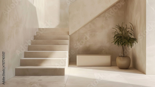 Beige stairs with minimalist Scandinavian design in an elegant interior space.