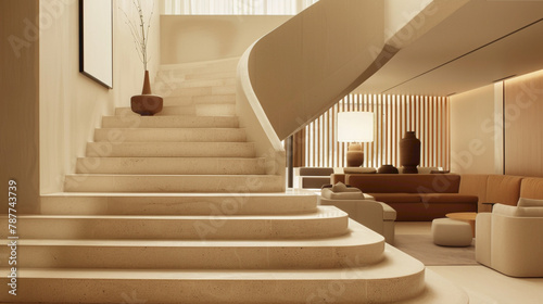 Beige stairs with Scandinavian flair enhancing a sophisticated lounge interior.