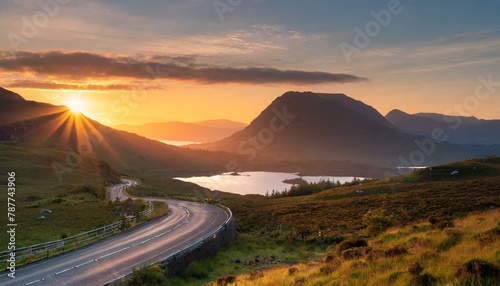 sunrise over the mountains, road, landscape, mountain, sky, 