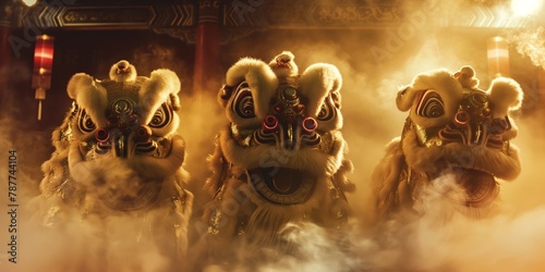 An atmospheric shot of a traditional Chinese lion dance with all the vibrancy and mystique against a smokey background, capturing the cultural heritage