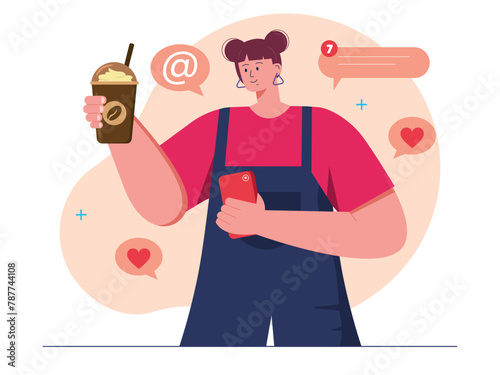 Female social media influencer. Chatting vector illustration