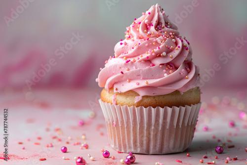 Birthday cupcake with whipped cream on pastel monochrome background, perfect for celebrating special occasions.