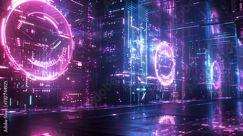Cyberpunk Extravaganza Modern Stage with Futuristic Hologram Portal