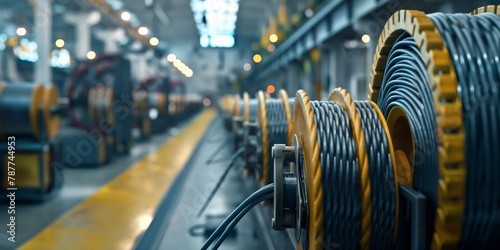 Precision-manufactured cable spools, neatly arranged in a row, dominate the industrial production facility background