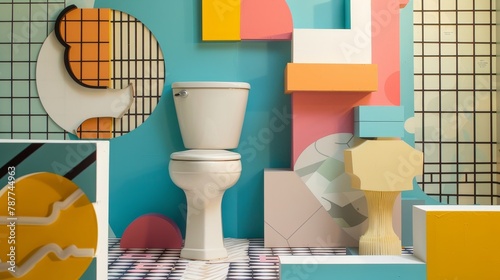 Whimsical art of bathroom humor, using overlapping geometric shapes to convey playful and funny etiquette messages photo