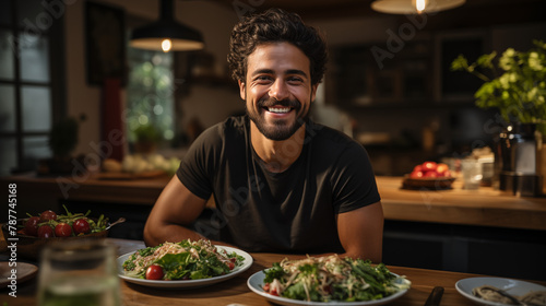 Bearded man with happy expression sitting at a table in the kitchen about to eat a delicious plate of food