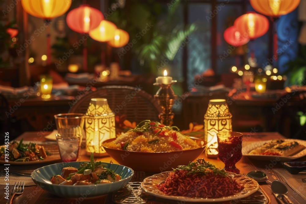 Exotic evening dining setting with traditional lanterns and a feast of diverse dishes on a decorated table