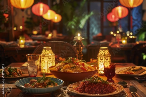 Exotic evening dining setting with traditional lanterns and a feast of diverse dishes on a decorated table