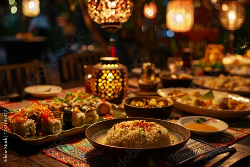 Warmly lit festive dining atmosphere with a spread of delectable dishes and cultural decor elements