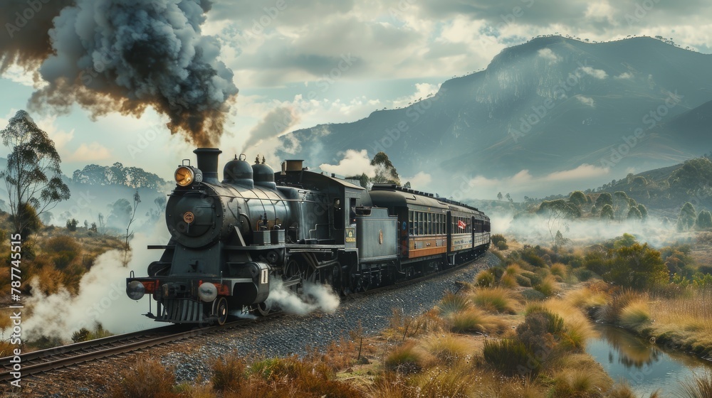 Fototapeta premium Vintage steam train powering through a scenic landscape, ideal for a dynamic and historical background