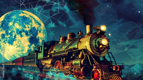 Timeless locomotive adventure, captured with a surreal overlay of geometric patterns under moonlight