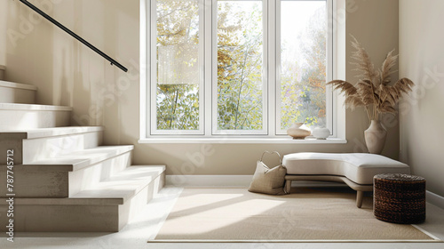 Chic beige stairs in a contemporary Scandinavian lounge with a large window and calm ambiance.