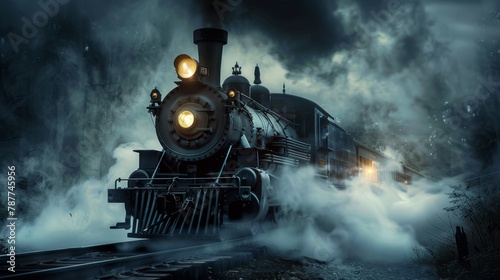 Powerful antique train at midnight, its steam forming a haunting texture in design works