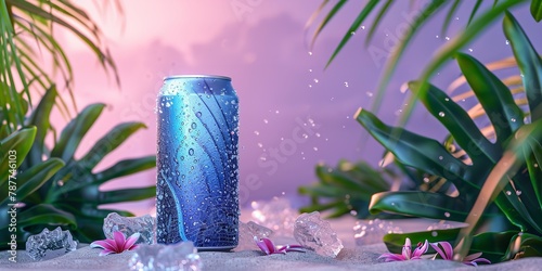 A blue juice can mockup with a blue backdrop with ice cubes, palm leaves and beach sands representing summer refreshment with space, Generative AI.