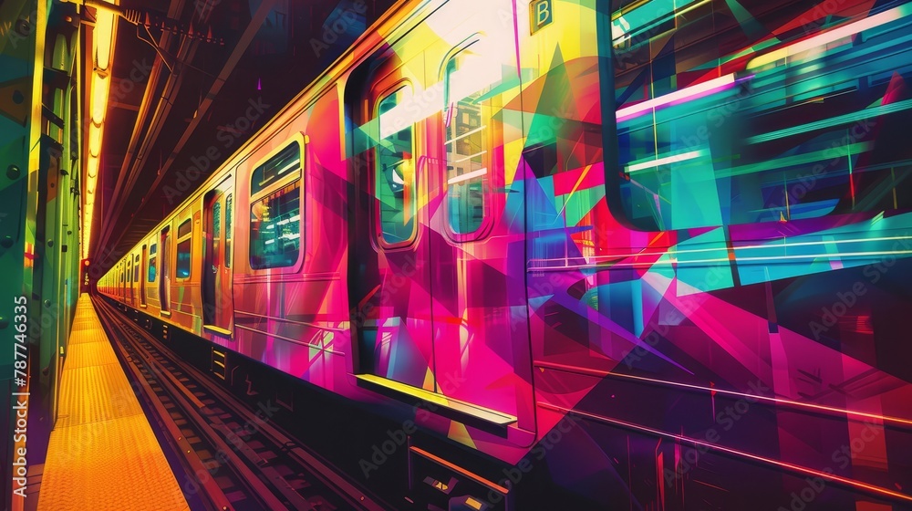 Midnight train captured in a cascade of colorful, overlapping geometric shapes, creating dynamic movement