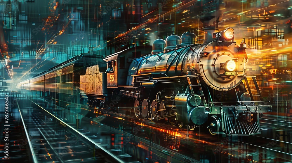 Midnight train captured in an abstract art style, with layered geometric shapes evoking the antique locomotive's motion Midnight train captured in an abstract art style, with layered geometric shapes evoking the antique locomotive's motion