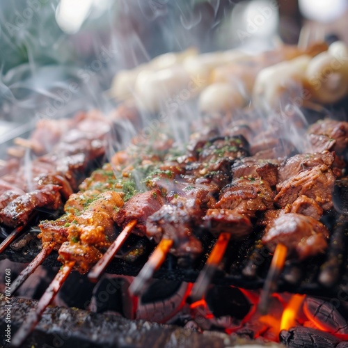 Close-up of grilled meat skewers with herbs and spices over hot coals and flames