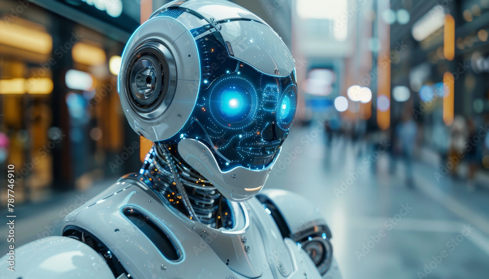 A robot with blue eyes stands in a city street by AI generated image
