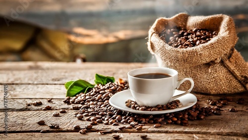 Coffee Cup and Beans  Aromatic Delight on Wooden Table