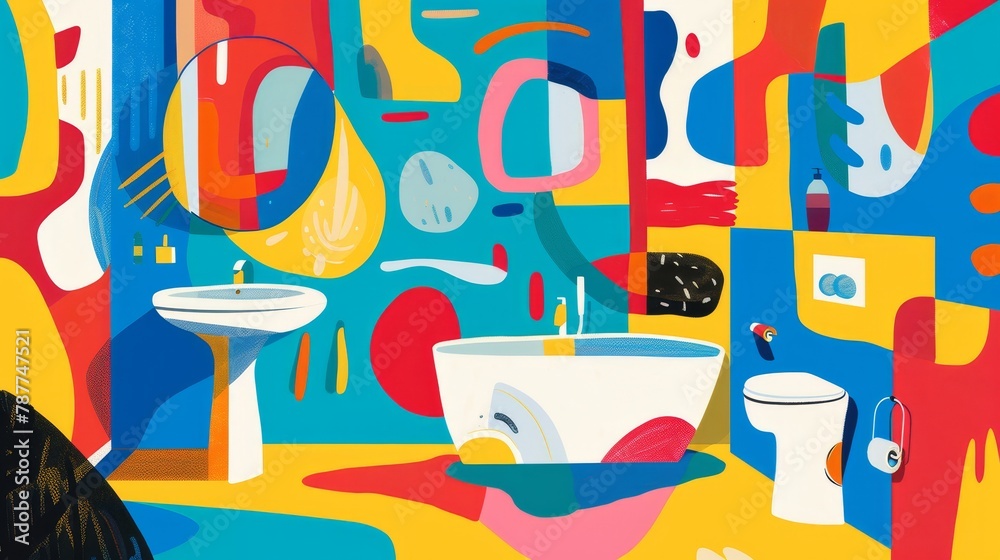 Engaging abstract shapes form a visual joke book on bathroom etiquette ...