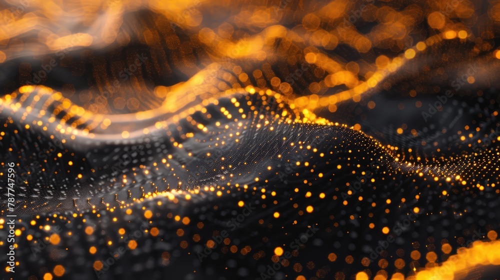 Detailed view of abstract black and yellow background with glowing waves of colored sparks Detailed view of abstract black and yellow background with glowing waves of colored sparks