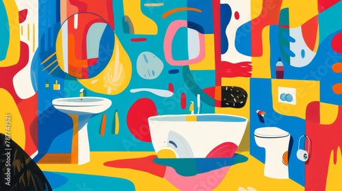 Engaging abstract shapes form a visual joke book on bathroom etiquette, full of color and fun