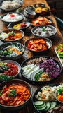 Traditional Korean meal with a variety of dishes, vibrant colors, and intricate flavors