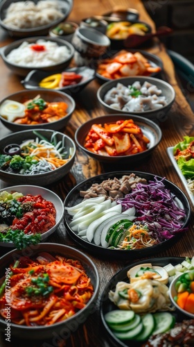 Traditional Korean meal with a variety of dishes  vibrant colors  and intricate flavors