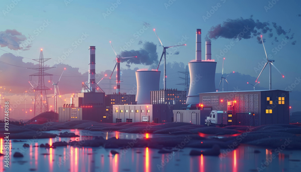 Obraz premium A large industrial building with smoke coming out of it by AI generated image