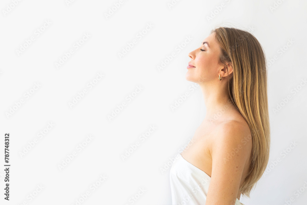 Beautiful gorgeous woman looking at camera isolated on white. Beauty healthy facial skin care Beautiful gorgeous woman looking at camera isolated on white. Beauty healthy facial skin care