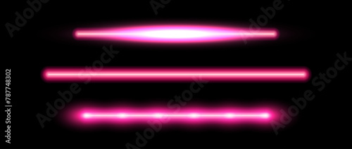 Pink neon tube lamp set. Glowing led light line beam collection. Bright luminous fluorescent bar stick lines. Shining cold color strip element pack to divide, separate, decorate. Vector illustration