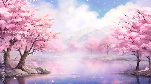 beautiful fantasy spring nature landscape and cherry blossom and reflection on a lake