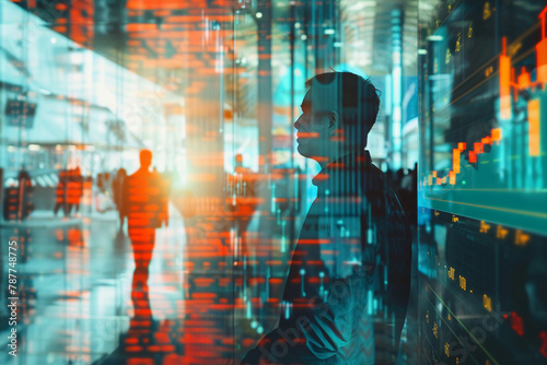 Double exposure of Businessman and Track customer retention rates via digital charts.