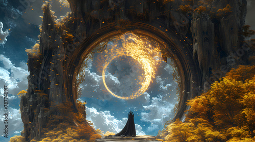 Hill holl round door moon cloudy sky AI generated  photo