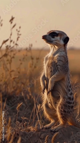 A curious meerkat stands calmly on its hind legs. Its eyes scanned the horizon for any sign of danger.