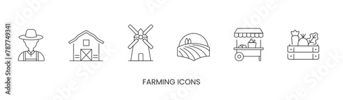Vector farming set of icons, outdoor market, shop icon, box with vegetables and fruit icon, farmer, windmill, stall, field. Trendy colors. Isolated on a white background. Editable stroke