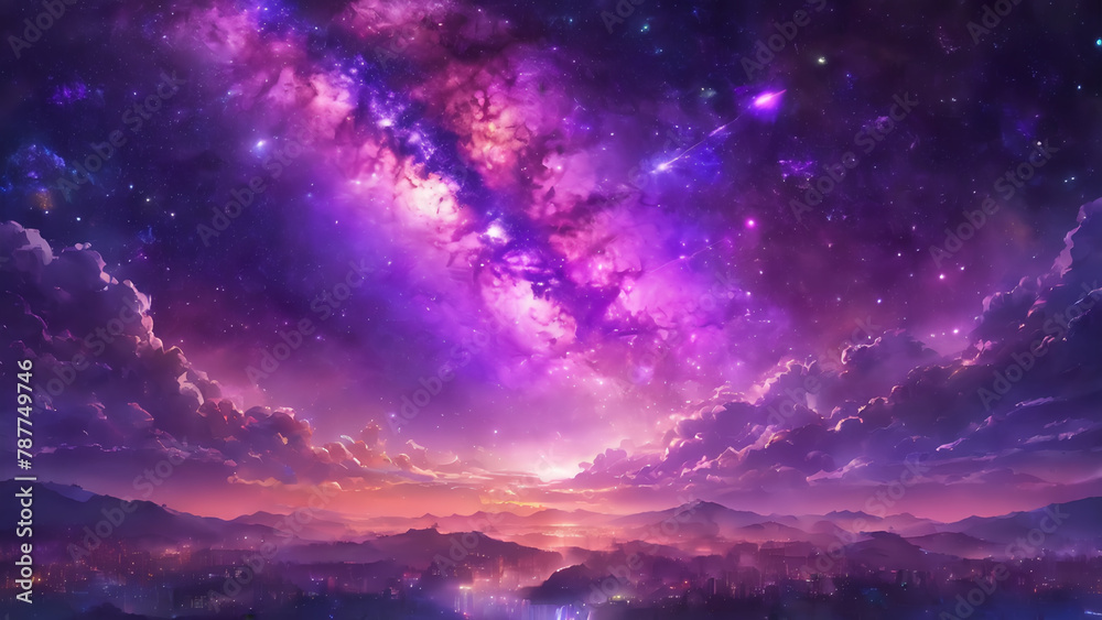 2D illustration of Starry wonderful nebula purple sky