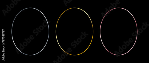 Silver, golden and rose gold thin oval frames. Art deco shiny ellipse borders set. Thin line glowing grey, yellow and pink boarder element collection. Vector bundle for Christmas, birthday decor photo