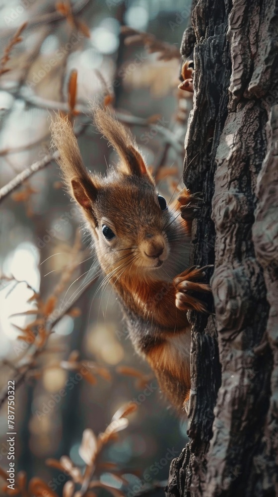 A curious squirrel peeked out from behind a tree trunk. A curious squirrel peeked out from behind a tree trunk.