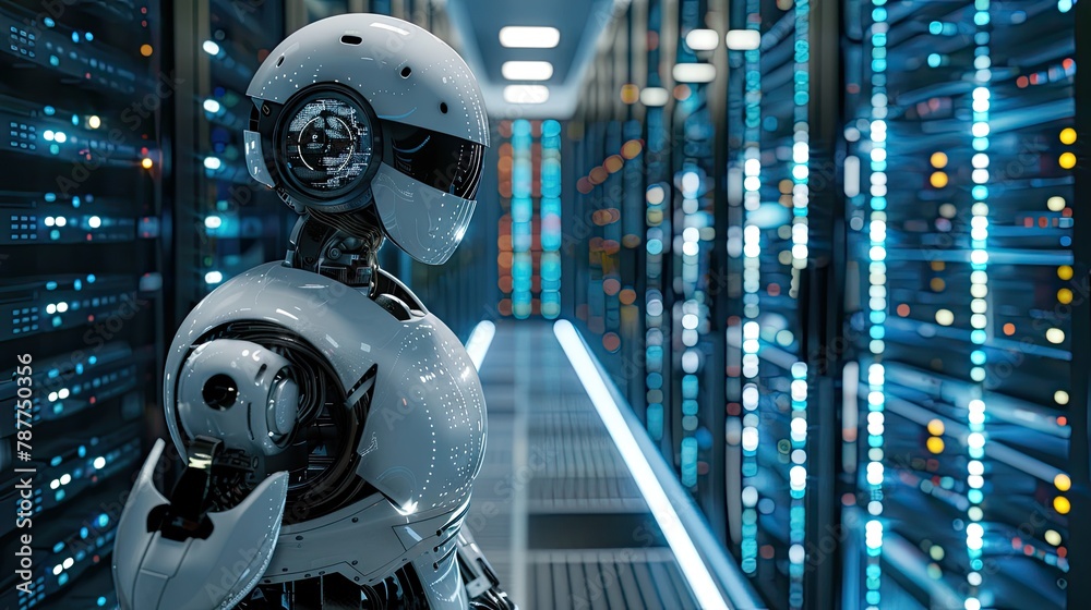 Fototapeta premium A robot technician working on servers, adding a futuristic and humorous twist.