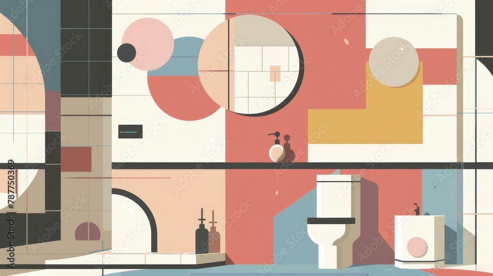 A humorous scene in geometric style, with circles, rectangles, and triangles showcasing quirky bathroom etiquette A humorous scene in geometric style, with circles, rectangles, and triangles showcasing quirky bathroom etiquette