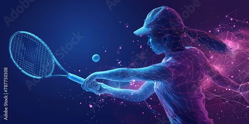 Over a blue geometric backdrop, a low poly wireframe tandem format style art depicts a lady tennis player colliding with a tennis ball and space, Generative AI.