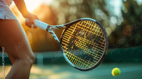 Close shot of a tennis player woman hand holding a racket with a blurry backdrop and big space for text or product advertisement, Generative AI.