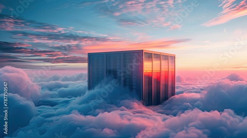 A server room floating in the clouds, symbolizing the intangibility of the digital world. photo