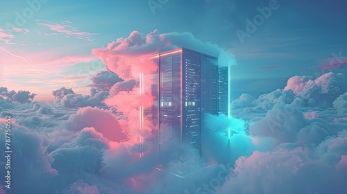 A server room floating in the clouds, symbolizing the intangibility of the digital world.