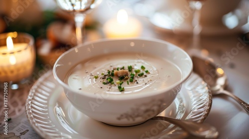 Elegant white soup bowl with creamy soup topped with chives, festive dinner table setup with candles
