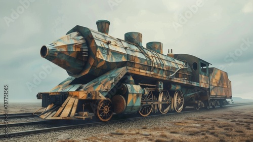 Antique train transformed into an abstract geometric spectacle, highlighting the allure of past engineering