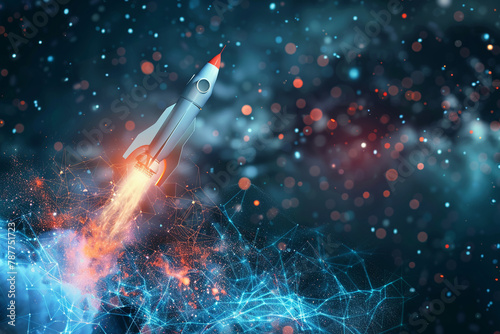 Rocket rising into space and Enhance data-driven decision-making with digital graphs. photo