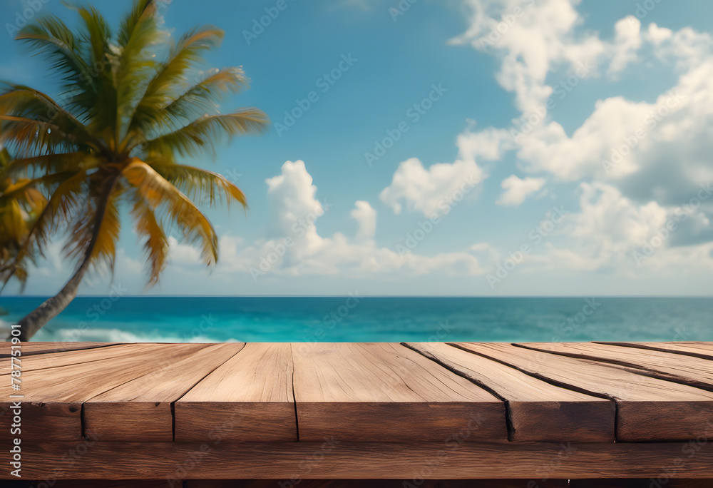 Fototapeta premium Wooden table overlooking a tropical beach with a palm tree and clear blue sky.